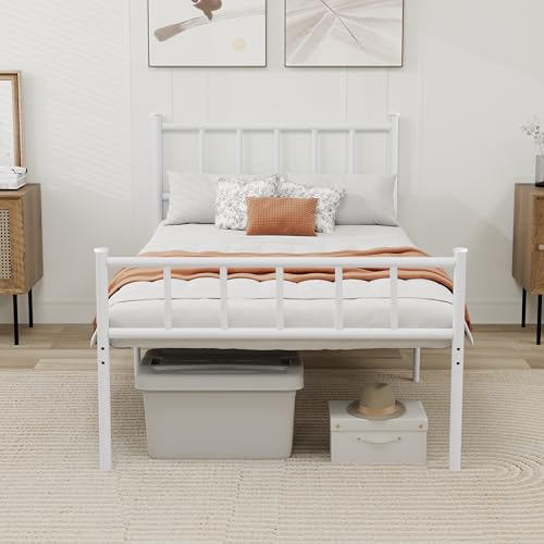 Metal Platform Twin Size Bed Frame, White | Headboard and Footboard , Sturdy Steel Slats Support , No Box Spring Needed Easy Assembly - color: White, size: Twin