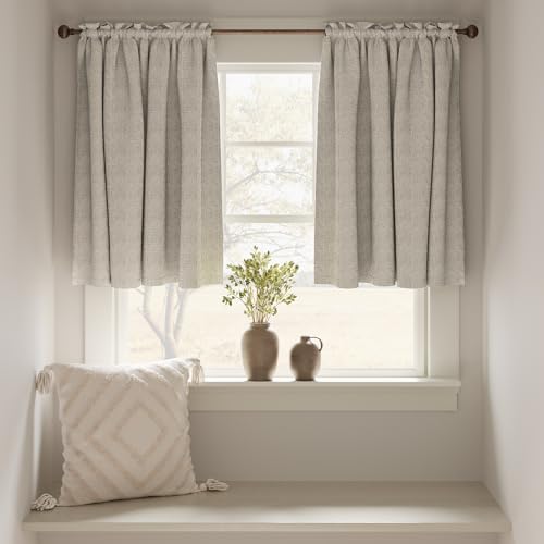 jinchan Beige Faux Linen Kitchen Tier Curtains 36 Inch Rod Pocket 2 Panels | Room darkening, cafe curtains for living room bedroom basement, small window, modern farmhouse, machine washable - color: Greyish Beige, size: 25"W x 36"L (Pack of 2)