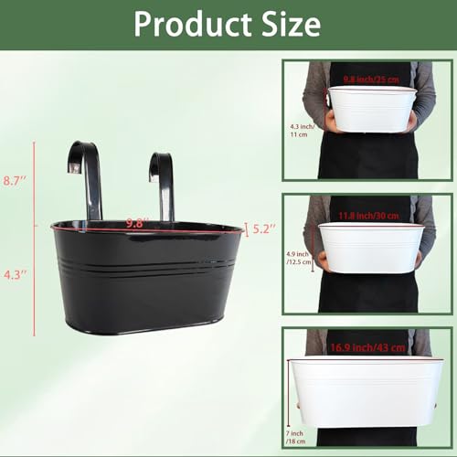 10" Metal Hanging Planter for Railing with Detachable Hooks, Black, 2 Pcs | Removable hook, Drainage hole, Rustproof, For flowers / herbs / succulents, veggies, For railings / fences / balconies - color: Black