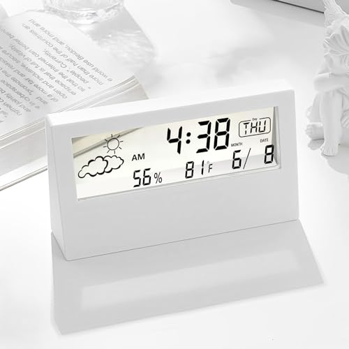 Digital Alarm Clock,Transparent Modern Design, Temperature, Humidity, Snooze, Aesthetic Home & Office Decor, Battery Operated Desk Clock for Office,Living Room,Shelf, Bedroom, White