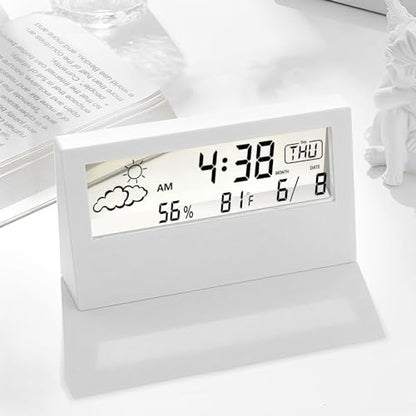 Digital Alarm Clock,Transparent Modern Design, Temperature, Humidity, Snooze, Aesthetic Home & Office Decor, Battery Operated Desk Clock for Office,Living Room,Shelf, Bedroom, White