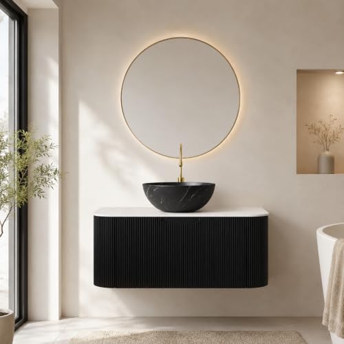 36" Floating Bathroom Vanity with Sink, Wall Mounted Plywood Cabinet, Black Fluted Front, Sintered Stone Countertop, Black Marble-Look Ceramic Bowl Vessel Sink, Soft-Close Drawer, Pre-Assembled - color: Black Cabinet / Black Marble Bowl Sink, size: 36 Inc