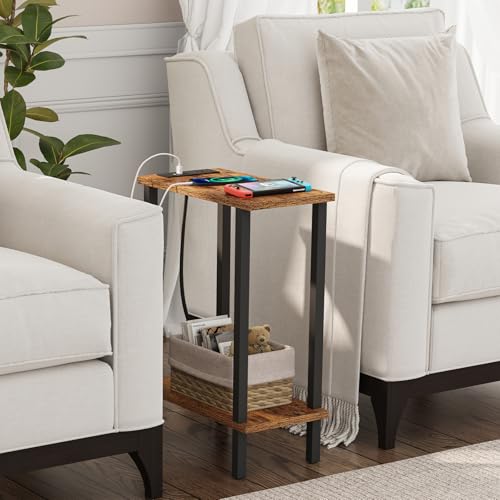 TUTOTAK Narrow Side Table, 2-Tier Small End Table with Charging Station | Skinny Sofa Table, Slim Nightstand, Easy Assembly for Living Room, Bedroom, Brown TB01BB060 - color: Brown, size: 2-tier