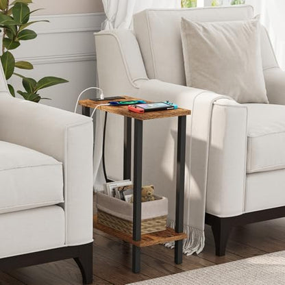 TUTOTAK Narrow Side Table, 2-Tier Small End Table with Charging Station | Skinny Sofa Table, Slim Nightstand, Easy Assembly for Living Room, Bedroom, Brown TB01BB060 - color: Brown, size: 2-tier
