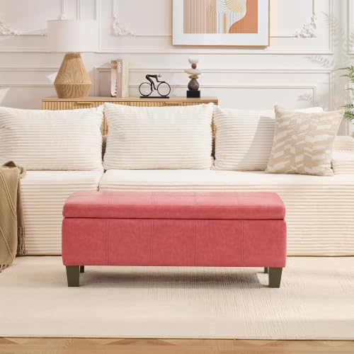 41" Storage Ottoman, Storage Bench with Safety Hinge, Upholstered Synthetic Leather Ottoman Bench for Bedroom, Living Room, Entryway, Hallway, Foot Rest, Support 500lbs - color: Blush Pink, size: 41 inch