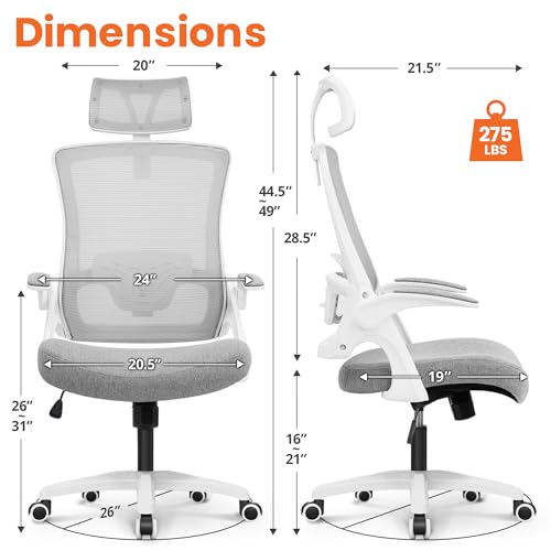 NEO CHAIR Office Desk Chair with Ergonomic High Back Mesh Headrest, Grey | Adjustable Headrest and Lumbar Support with Flip-Up Armrests Designed for Extended Sitting Comfort While Saving Space - color: Grey