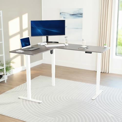 VIVO Dark Gray 63 x 55 in Corner Standing Desk, DESK-E3CTWG | Electric, Holds 225 lbs, Reversible L-Shaped Table, Sit Stand, Height Adjustable, Memory Presets, White Frame - color: Dark Gray Top / White Frame, size: 55 x 63