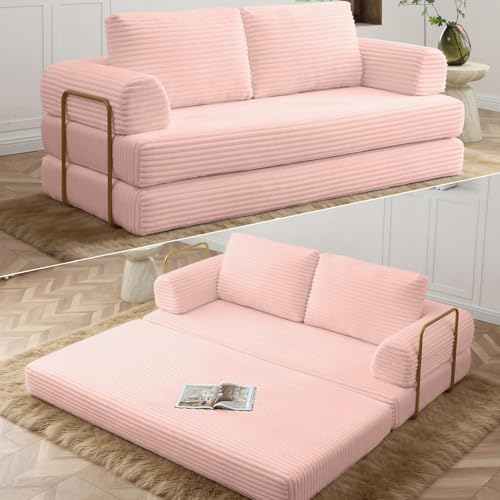 HANXIN 80 Inch Convertible Sleeper Sofa Bed, High Back Plush Corduroy Folding Floor Mattress Couch with Fixed-Shape Frame, Boneless Futon Loveseat with Pull Out Bed, No Assembly Required (Pink) - color: Pink, size: 80" Loveseat Sofa Bed