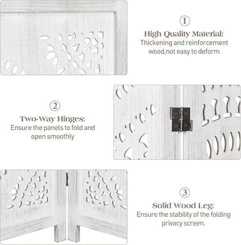 6 Panel White Room Divider, 67 Inch Wood Carved Privacy Screen, Bohemian Style Folding Room Divider, Portable Partition Wall Divider for Room Separation (White)