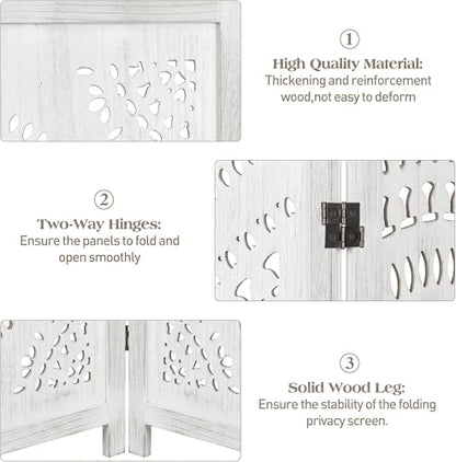 6 Panel White Room Divider, 67 Inch Wood Carved Privacy Screen, Bohemian Style Folding Room Divider, Portable Partition Wall Divider for Room Separation (White)