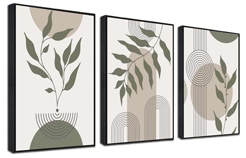 Boho Pictures Wall Decor for Bedroom 3 Piece Canvas Wall Art | Black Framed Wall Art For Dining Room,Bathroom Home Office Hotel Hallway Dining Room Decoration Size 16 x 24 Inch 3 Panels - color: Green and White, size: 24"x16"x3PCS Framed