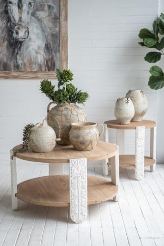 20" Round Side Table with Carved Leg, 2 Tier Storage Shelf | Farmhouse Solid Wood End Table for Living Room, Circle Coffee Table with Open Storage, Easy Assembly, Natural Brown Finish - color: A-20" Brown+white