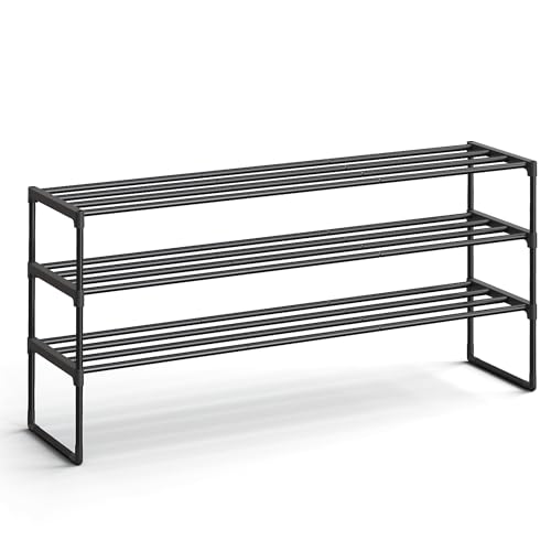 SONGMICS Shoe Rack, 3-Tier Shoe Organizer, Metal Storage Shelf, Upright or Upside Down, for 20-24 Pairs, Stackable, for Entryway, 11.8 x 46.1 x 21.7 Inches, Black ULSA033B01 - color: Black, size: 3 Tiers (46.1"W)