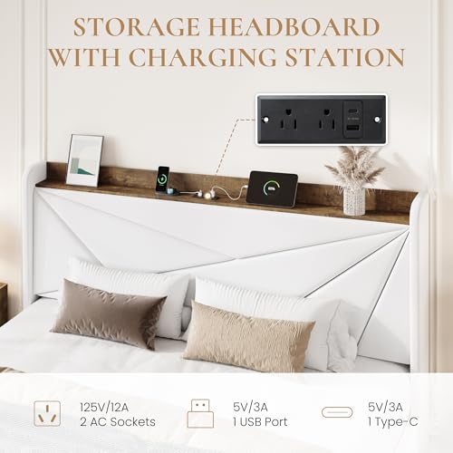 SHA CERLIN King Bed Frame, Storage Headboard with Drawers, Charging, White | Velvet Upholstered Bed, Modern Wingback Headboard, 3 Drawers, USB Charging Station, No Box Spring Needed, Easy Assembly - color: White, size: King
