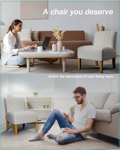 Armless Accent Chairs Set of 2 for Bedroom, Bedroom Chair for Bedroom Living Room Chair with Solid Wood Legs, Makeup Vanity Chair Fabric Comfy Upholstered Reading Chair Accent Chair,Beige - color: Beige