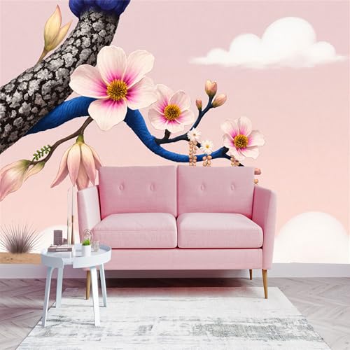 Custom Size Wall Sticker Mural， Blooming Magnolia Tree with Clouds， for wall Decoration， peelandstick wall Decals.