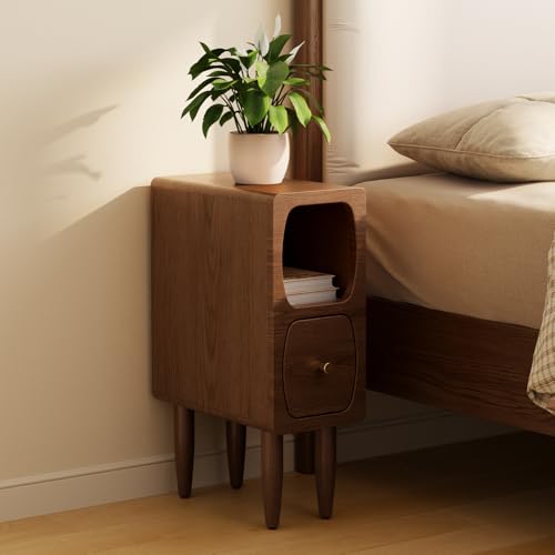 Slim Nightstand with Drawer, Modern Walnut Bedside Table for Small Spaces | Slim Nightstand with Drawer and Open Storage, Modern Walnut Wood Design for Bedrooms Apartments and Small Spaces