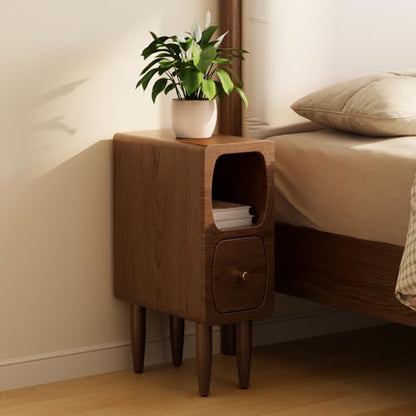 Slim Nightstand with Drawer, Modern Walnut Bedside Table for Small Spaces | Slim Nightstand with Drawer and Open Storage, Modern Walnut Wood Design for Bedrooms Apartments and Small Spaces
