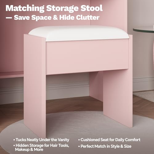 Pink Makeup Vanity Desk with Mirror and Lights, Vanity Table Set with Charging Station, Dressing Table with Stool, 2 Drawers, Open Shelves, Power Outlets & USB Ports, Vanity Desk with RGB Cabinets - color: Pink