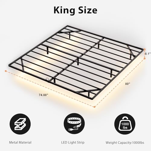 King Size Floating Bed Frame with Smart LED Lights, Metal Platform Bed | Modern Metal Platform Floating Bed King - Heavy Duty, Easy Assembly, No Box Spring Needed and Noise Free - size: King