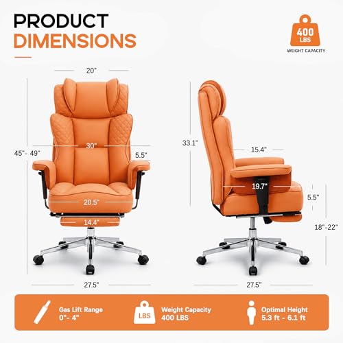 Office Desk Chair, High-Back Big and Tall Leather Chair with Footrest | Ergonomic Reclining Computer Chairs, Comfy Executive Wide Chair with Lumbar Support, Adjustable Armrests, 400LBS (Orange) - color: Orange