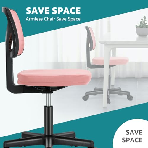 OLIXIS Armless Home Office Chair, Ergonomic Small Desk Chair | Mesh Back, Removable Washable Foam Cushion, Height Adjustable, Rolling Swivel Wheels, Small Space, Pink - color: Pink