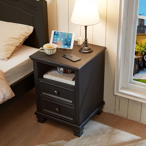 Farmhouse Side Table with Charging Station, Black | Antique Nightstands for Bedroom with Drawers, Bedside Table with Open Shelf & Thickened Top & Square Wooden Legs - color: Black, size: 18"D x 18"W x 25"H (2 Drawers)