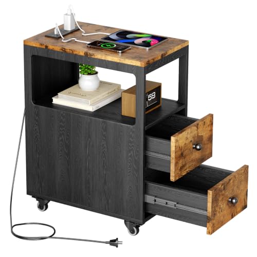 Narrow End Table with Charging Station and Wheels, Movable Narrow End Table with USB Ports and Outlets for Small Space, Living Room, Bedroom and Office, with 4 Wheels ( Rustic Brown + Black) - color: [A1] Black & Brown