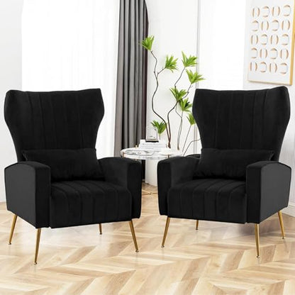 Accent Chairs Set of 2,Upholstered Living Room Chair with Lumbar Pillow, HighBack ArmChair with Metal Legs, Single Sofa Wingback Reading Chair For Bedroom, Apartment, Small Spaces Velvet Black - color: B-black, size: Set of 2
