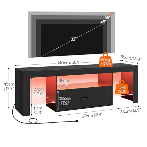 HOOBRO LED TV Stand with Power Outlets to 65 inch TV, Gaming Entertainment Center with Glass Shelves and Large Drawer, Modern Media TV Console Table for Living Room Bedroom, Black BB14UDDS01G1 - color: Black, size: 55.1 Inch