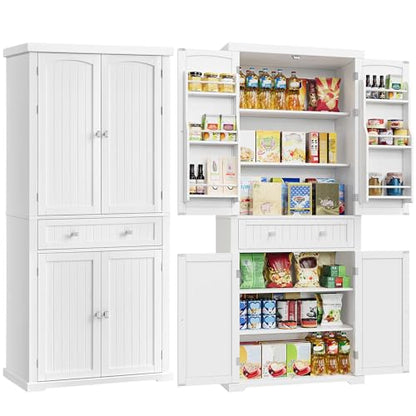 VASAGLE Pantry Cabinet, Freestanding Tall Cupboard with a Drawer | Freestanding cupboard with 2 cabinets, 4 adjustable shelves, 6 door shelves, White, UBBC561P31V2 - color: White, style: Modern