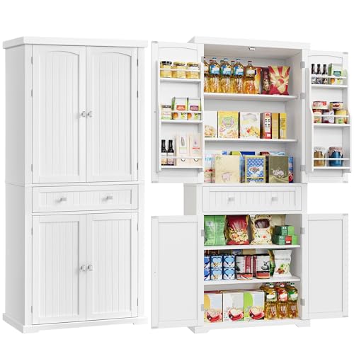VASAGLE Pantry Cabinet, Freestanding Tall Cupboard with a Drawer | Freestanding cupboard with 2 cabinets, 4 adjustable shelves, 6 door shelves, White, UBBC561P31V2 - color: White, style: Modern