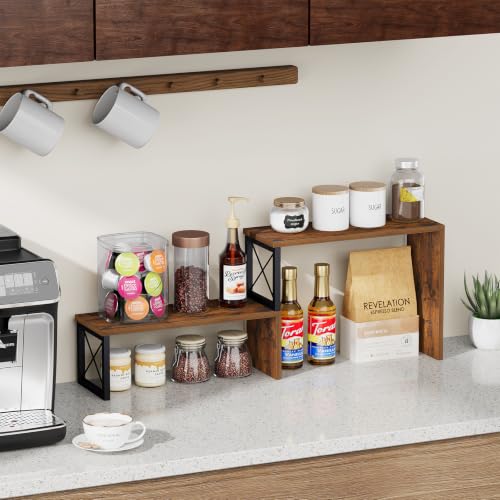 YINMIT Kitchen Countertop Organizer, 2 Tier Stackable Spice Rack | Cabinet Organizer Shelf, Counter Corner Shelves Organization and Storage for Pantry, Coffee Station, Bathroom, Rustic Brown