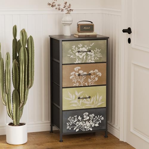 Vintage Floral Narrow 4 Drawers Dresser Nightstand Side Table | Retro Boho Dresser Fabric Drawers for Closet Living Room Bedroom Dorm Convenient Storage Organizer Botanical - size: 11.8"D x 15.8"W x 31.5"H (4 Drawers)