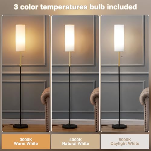 64" Floor Lamp with Bulb & Lampshade & Chain Switch, Black & Gold | 3 Color Temperature,9W LED bulb,Minimalist Floor Lamp,Tall Pole Lamps,Living Room,Bedrooms,for Study,Office - color: black & gold pole, size: 64.56 inches 1PCS