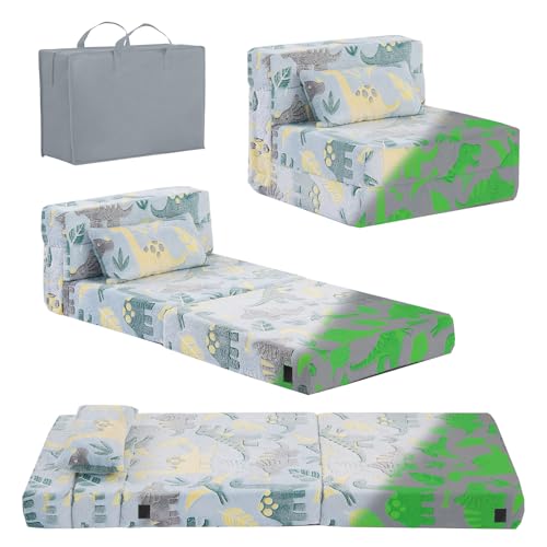 Kids Floor Sofa, Child Fold Up Sofa Couch Convertible Futon Folding Chair with Storage Bag for Kids, Green Dinosaur - color: Green Dinosaur