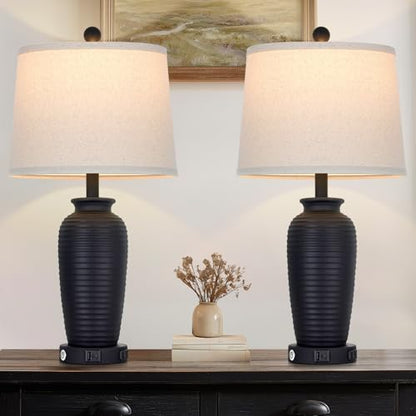 CINSARY 25" Retro Black Farmhouse Jar Table Lamps Set of 2, 3 Way Touch Control Rustic Bedside Lamps with USB A+C Ports & AC Outlet, Pot Nightstand Lamps for Bedroom Living Room (LED Bulbs Included) - color: Retro Black