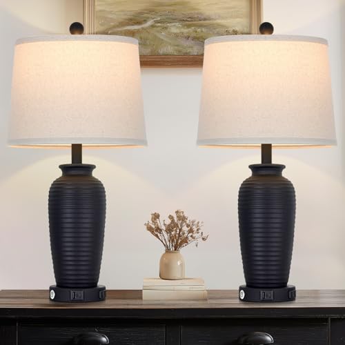 CINSARY 25" Retro Black Farmhouse Jar Table Lamps Set of 2, 3 Way Touch Control Rustic Bedside Lamps with USB A+C Ports & AC Outlet, Pot Nightstand Lamps for Bedroom Living Room (LED Bulbs Included) - color: Retro Black