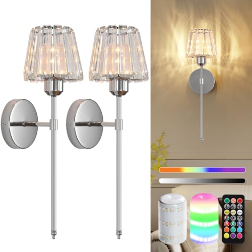 Battery Operated Crystal Wall Sconce Set of 2, Chrome Rechargeable Wireless Wall Sconces with Remote Dimmable 12 Colors Modes Led Wall Lights for Bedroom Living Room Hallway, 2 Bulbs Included - color: Chrome