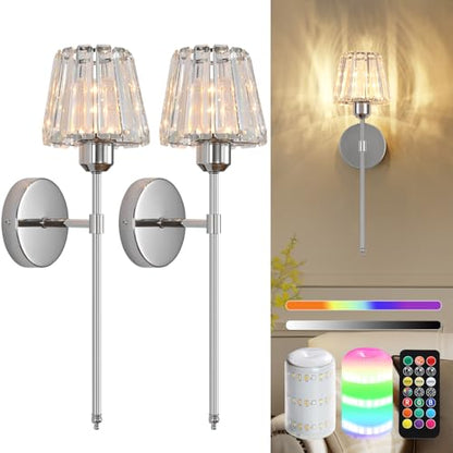 Battery Operated Crystal Wall Sconce Set of 2, Chrome Rechargeable Wireless Wall Sconces with Remote Dimmable 12 Colors Modes Led Wall Lights for Bedroom Living Room Hallway, 2 Bulbs Included - color: Chrome