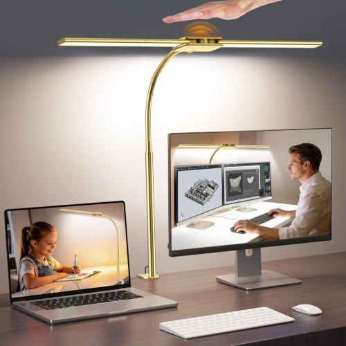 Syrinx LED Desk Lamp for Office Home, Dual Head Eye-Care Architect Lamp | Gesture/Wired Control, Flexible Neck, Bright Desk Light with Memory/Timer, 50 Lighting Modes for Study, Drafting, Gold - color: Gold