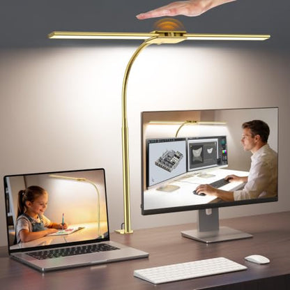 Syrinx LED Desk Lamp for Office Home, Dual Head Eye-Care Architect Lamp | Gesture/Wired Control, Flexible Neck, Bright Desk Light with Memory/Timer, 50 Lighting Modes for Study, Drafting, Gold - color: Gold
