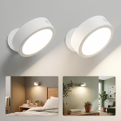 EZVALO LED Wall Mounted Light, 3000mAh Rechargeable Cordless Wall Sconce, Dimmable with Remote & Touch Control, 3 Color Temps, 360° Rotatable for Bedroom, Bedside, Reading(White, 2Pack) - color: White