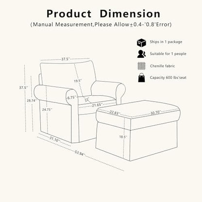 Eafurn Modern Chenille Accent Chair with Ottoman for Small Space, Comfy Upholstered Reading Chairs Lounge Armchair with Foot Rest, Sturdy Solid Wood Frame for Living Room - color: Green 37.5"