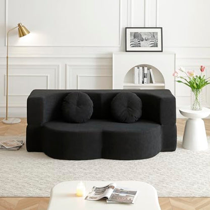 76" Convertible Folding Futon Sofa Bed, Queen Sleeper Sofa with Pillow, Teddy Floor & Futon Loveseat Couch, Foam Folding Mattress Sleeper for Living Room, Guest Use, Apartment, No Assembly (Black) - color: Black
