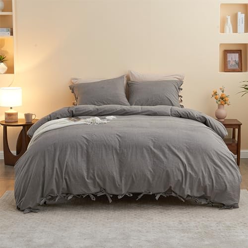 BISELINA 100% Washed Cotton Duvet Cover Set 3pcs with Bowknot Ties Strap Solid Color Linen Like Textured Durable Breathable Soft Comfy Chic Bedding (King, Dark Grey) - color: Dark Grey, size: King