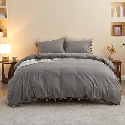 BISELINA 100% Washed Cotton Duvet Cover Set 3pcs with Bowknot Ties Strap Solid Color Linen Like Textured Durable Breathable Soft Comfy Chic Bedding (King, Dark Grey) - color: Dark Grey, size: King