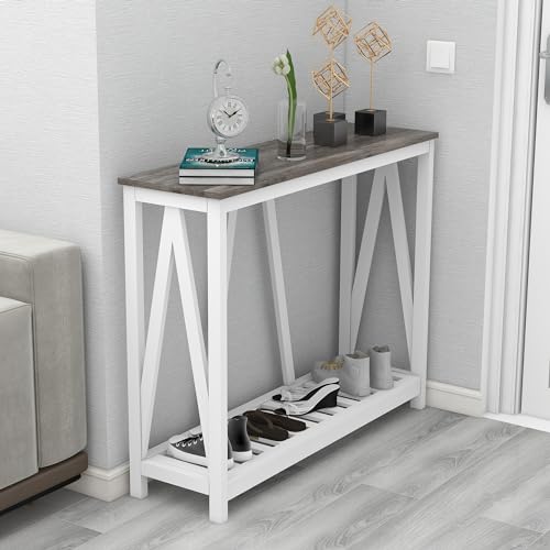 Entryway Table, 39" Farmhouse Console Table with Shelf Narrow Foyer Table | | 2-Tier Open Shelf,V-Shape Anti-Tip Legs,Slim Narrow Design,Sofa Table Use,Two-Tone Finish,30-Min Easy Assembly,Oak Grey - color: Oak Grey
