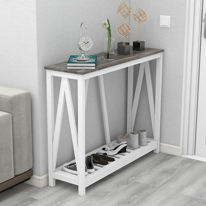 Entryway Table, 39" Farmhouse Console Table with Shelf Narrow Foyer Table | | 2-Tier Open Shelf,V-Shape Anti-Tip Legs,Slim Narrow Design,Sofa Table Use,Two-Tone Finish,30-Min Easy Assembly,Oak Grey - color: Oak Grey