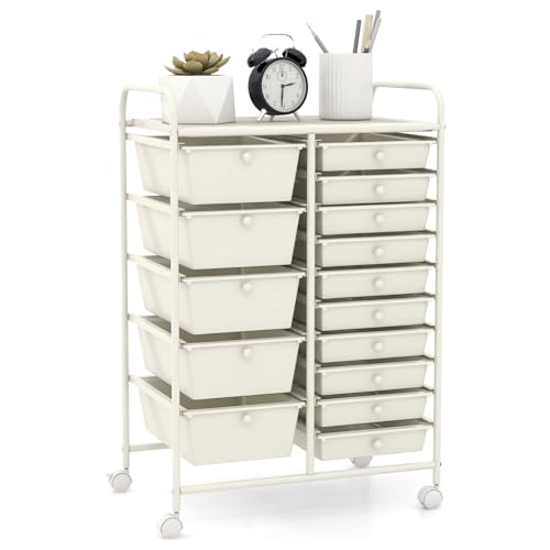 GOFLAME 15-Drawer Rolling Storage Cart, Craft Storage Cart with Removable Drawers & Lockable Wheels, Art Cart Supply Storage Organizer for Home Office Classroom, White - color: White, size: 15 drawer-25"x14.5"x34.5"